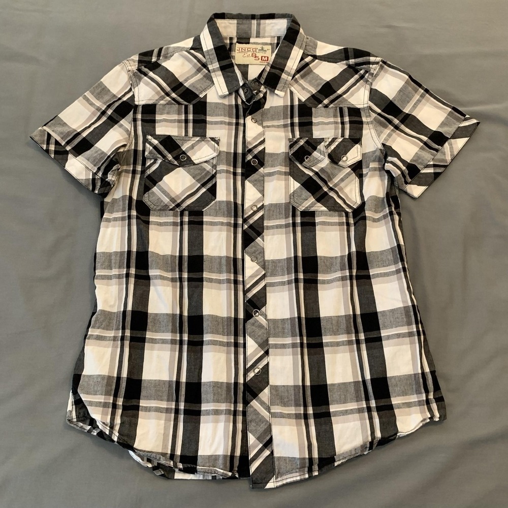 JNCO Shirt Mens Medium Black Plaid Short Sleeve Snap Front Western Casual